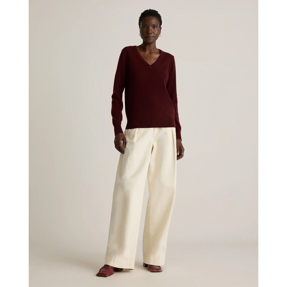 Quince Women Mongolian Cashmere V-Neck Sweater Rich Burgundy Sleeved Top Size L - Picture 7 of 16